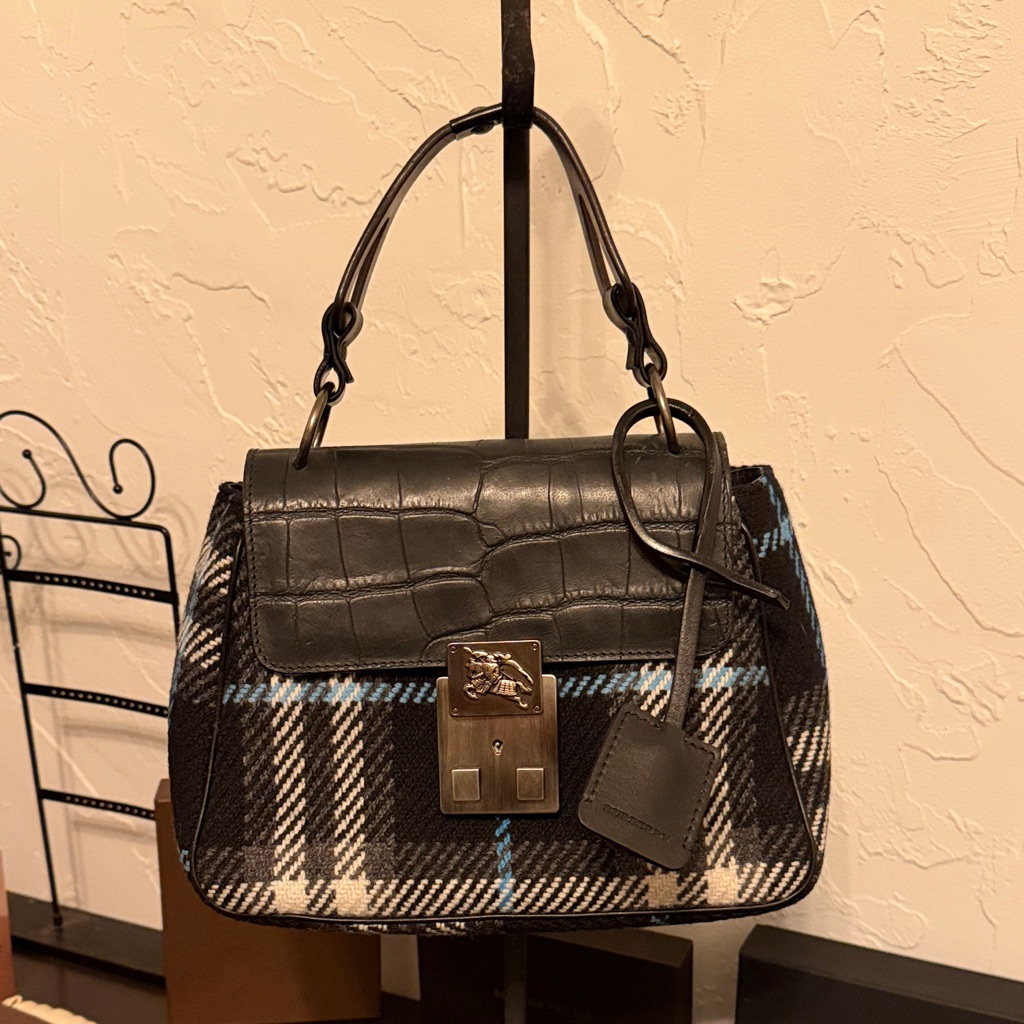 Burberry Black Classic Check Wool And Croc Embossed Leather Flap Bag